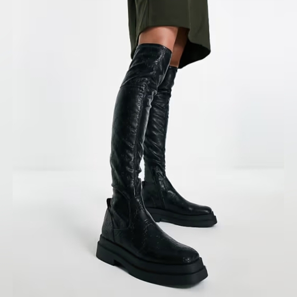 Mango MNG Over the‎ Lnee Chain Embossed Boots Black Size 39/9 US - Picture 1 of 12